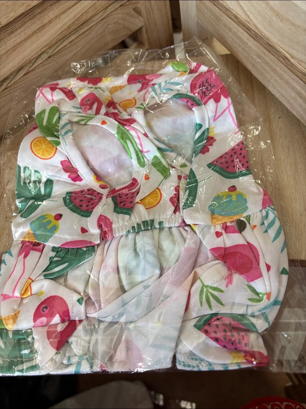 NIP Dog Flamingo Print Dress with Bright Green Bow Small